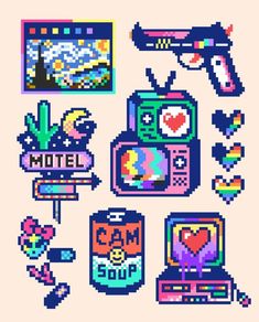 an old school pixel art poster with various items