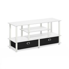 a white and black shelf with two drawers