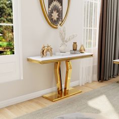 a living room scene with focus on the console table and chair, which is decorated in gold