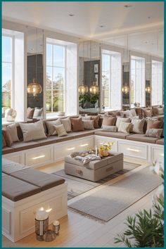 Modern living room with large windows, cozy beige seating, and hanging pendant lights. Small Home Decor Ideas, Living Room Storage Ideas, Seating Storage, Living Rooms Design, Narrow Living Room, Sunken Living Room, Small Home Decor, Room Storage Ideas, Rooms Design