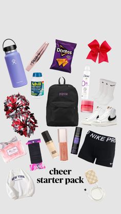 the contents of a backpack are shown in this image, including shoes and other items