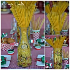 there are many different types of pasta in the vases on the table, along with other food items