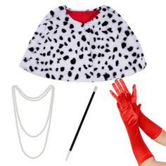 a woman's hand with gloves and a dalmatian costume