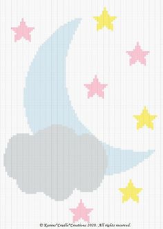 a cross stitch pattern with the moon and stars in pastel colors on white paper