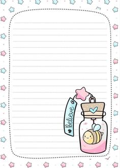 a notepad with a baby in a bottle and stars on the border, next to it