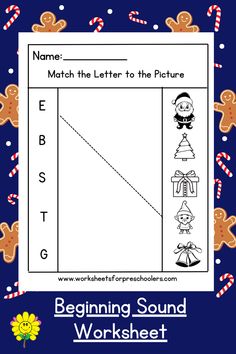 the beginning sound worksheet for christmas with gingerbreads and candy canes