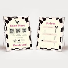 two black and white checkered menus with qr - code designs on them