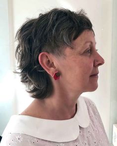 Modern Womens Mullet, Gray Mullet Hair, Pixie Mullet Undercut, Growing Out A Mullet Short Hair, Mullet Over 50, Jaw Length Shag, Queer Mullet Shaved Sides, Short Mullet Round Face