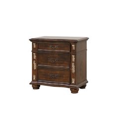 a wooden nightstand with two drawers on one side and an ornate design on the other