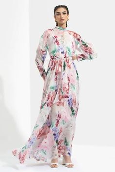 Shop for Mandira Wirk Multi Color Chiffon Floral Print Dress for Women Online at Aza Fashions Printed Maxi Dress Indian, Mandira Wirk, Christmas Outfit Casual, Multicolored Dress, Print Chiffon Dress, Frock For Women, Chiffon Floral, Keyhole Neckline, Indian Fashion Designers