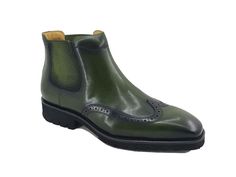 Burnished Calfskin Slip-On Chelsea Boot Olive Stunning Burnished Calfskin slip-on Chelsea Boot from the Carrucci collection features a Wingtip Design with Decorative Perforations, soft Calfskin lining, clean welt and a Rubber Lug Sole! Cordovan Shoes, Shoe Polish, Shoe Horn, Shoe Tree, Horse Hair, Chelsea Boot, Lug Sole, Suede Shoes, Shoe Box