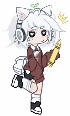 an anime character with headphones holding a pencil and ear phones in one hand, while wearing