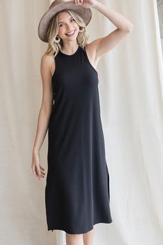 SLIM FITTING RIBBED SLEEVELESS MIDI DRESS WITH SIDE SLITS-Black – Mota Boutique Black Stretch Longline Midi Dress, Black Longline Daywear Dress, Black Longline Dress For Daywear, Casual Black Midi Dress With Side Slits, Black Longline Midi Dress For Summer, Black Longline Dresses For Spring, Black Longline Dress For Spring, Black Midi Dress For Spring Loungewear, Black Spring Loungewear Dress