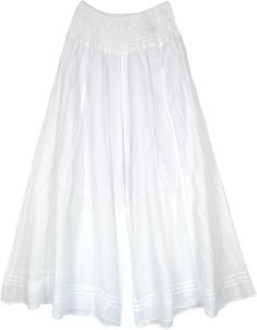 A cool pair of palazzo pants in bright white that you can wear in every season.  The waist is wide and has elastic smocking to give you a perfect body fit. #tlb #SplitSkirtsPants #Crinkle #bohemianfashion #WideLegPants #WhitePants #HippiePants Spring White Loose Fit Harem Pants, White Stretch Harem Trousers, Spring White Loosely Fitted Harem Pants, White Harem Pants With Loosely Fitted Hips, White Harem Pants With Elastic Waistband For Spring, White Harem Pants With Elastic Waistband For Vacation, Summer Stretch White Pants, Stretch Summer Bottoms With Wide Hem, White Cotton Harem Pants For Vacation