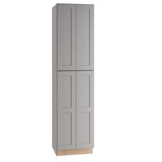 a tall gray cabinet with two doors on the front and one door open to reveal an empty space