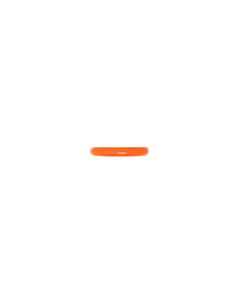 an orange frisbee is flying through the air on a white background with space for text