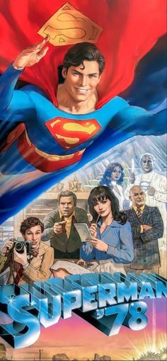 the superman movie poster is shown with many different people in it and one man holding a camera