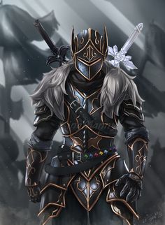 an image of a man in armor holding two swords