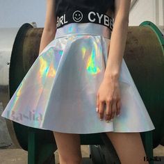 Baslia - High-Waisted Laser-cut Shimmer Leather Skirt with Flared Design - Ideal for Dance Performances Holographic Skirt, Pink Color Combination, Pu Skirt, Cheerleader Costume, Chic Skirts, Harajuku Streetwear, Dance Team, Stage Costume, Half Skirt