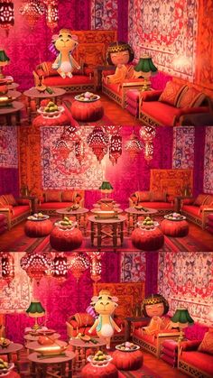 a room filled with lots of red furniture and colorful rugs on top of it