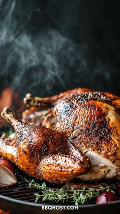 a roasted turkey on a grill with herbs and garlic