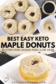 Best Easy Keto Maple Donuts with views overhead and one on a plate in front. Maple Donuts Recipe, Low Carb Donut, Maple Donuts, Keto Donuts, Postre Keto, Low Carb Dessert, Keto Diet Food List, Keto Diet Menu, Low Carb Breakfast