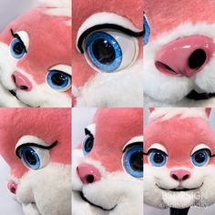 four pictures of the same stuffed animal's face with different blue and pink eyes