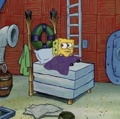 spongebob in his bedroom with the ladder leaning up against the wall behind him