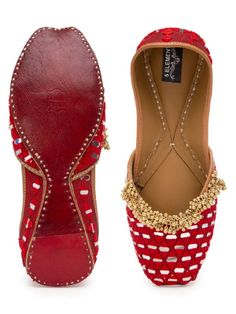 Red handcrafted juttis with all-over Mirror with embellishment of silver ghungroos. Color: Red Fabric: Upper: Intricate mirror embroidery Insole - Leather Sole - Vegetable tanned Leather Sole Note: Available in other colors The product will be shipped within 20-25 days of the order placed Any slight irregularities are distinctive and are inherent to the beauty of this creation as it is precisely crafted by hands. Care intructions - Keep in dust bag, dry clean only, embellished accessory needs to Hands Care, Designer Mirror, Mirror Embroidery, Shiny Shoes, Red Mirror, Mirror Work, Red Fabric, Best Deal, Vegetable Tanned Leather