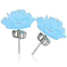 These beautiful, unique earrings feature an opulent shimmering Light blue open rose bud set in a stainless steel stud. Great for sensitive ears (hypoallergenic). Great gift for a teen or woman of any age. Size: 14mm Material: Resin. Highest Quality 316L Stainless Steel Setting. Reg $25.95 Light Blue Roses, Rose Stud Earrings, Open Rose, Shimmer Lights, Rose Bud, Blue Roses, Hypoallergenic Earrings, A Teen, Blue Rose