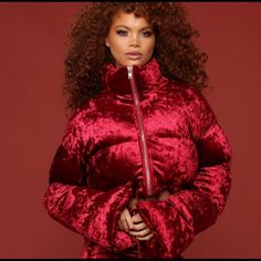 Brand New Never Worn Cardi B Jacket/Skirt Set From Fashion Nova Trendy Solid Color Party Outerwear, Chic Red Outerwear For Night Out, Burgundy Long Sleeve Outerwear For Party, Fitted Burgundy Party Outerwear, Fitted Burgundy Outerwear For Party, Cardi B Fashion, Long Puffy Coat, Velvet Puffer Jacket, Corduroy Puffer Jacket