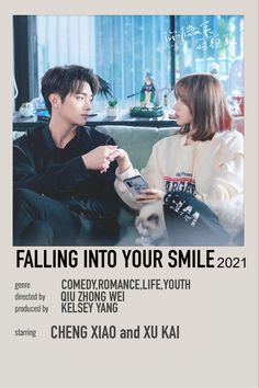 an advertisement for the movie falling into your smile, featuring two people sitting on a couch