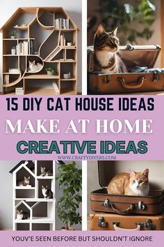 the words 15 diy cat house ideas make at home creative ideas are shown in this collage