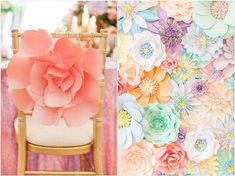 a chair with flowers on it next to a wall that is covered in paper flowers