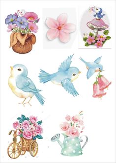 watercolor flowers and birds are shown in this image, with one bird sitting on the flower pot