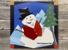 a painting of a snowman holding a book in front of a snowy scene with trees