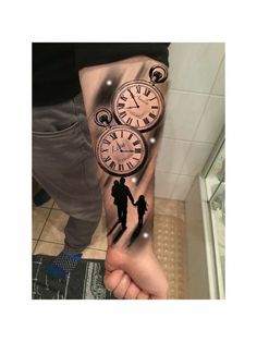 a person with a tattoo on their arm holding a clock and two people in silhouettes