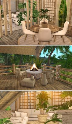 three different views of the inside of a house with furniture and plants in it, including a fire pit