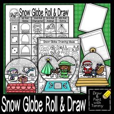 the snow globe roll and draw activity is shown in this green background with black and white images