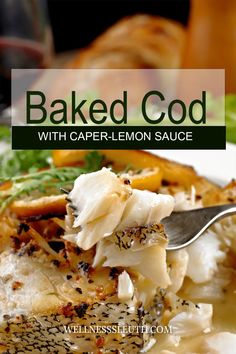 baked food with caper - lemon sauce is on a white plate and has a spoon in it