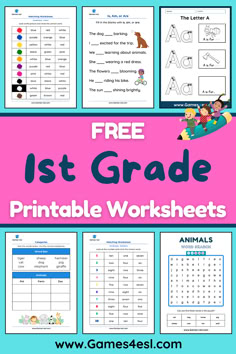 Colorful collection of 1st grade worksheets, including spelling worksheets, word search, and reading worksheets featuring the alphabet for early learners. Free Printable Worksheets For 1st Grade, Worksheets For 1st Grade, Fun 1st Grade Worksheets, Grade 1 Worksheets, Learn Vocabulary, Matching Worksheets, Spelling Worksheets, Coloring Worksheets