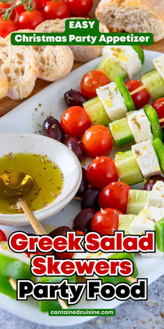 greek salad skewers party food on a platter