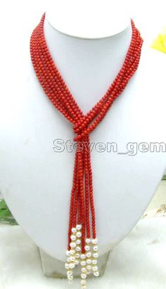 Sale Supper Long 45'' 3 Strands 3-4Mm Red Coral And White Pearl Necklace-Nec5643 White Coral Necklace, Anting Manik, Floating Diamond Necklace, Red Coral Necklace, Horseshoe Pendant, Horseshoe Necklace, White Pearl Necklace, Necklace For Girlfriend, Diamond Solitaire Necklace