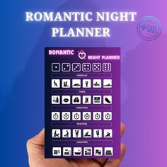 the romantic night planner is held up in front of a purple background with white symbols