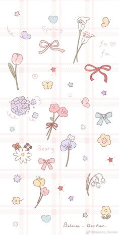 some flowers and hearts on a checkered background