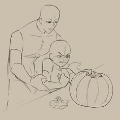 a drawing of a man and a child carving pumpkins with their hands on the table