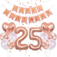 the number twenty five with balloons and streamers in pink, white and gold colors