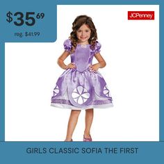 So precious in purple! Disney's sofia the first has inspired this lovely full-skirted dress with scalloped hem and purple trimmed underskirt. Fitted bodice features sofia cameo and puffed sleeves. This sofia Halloween costume will have your little princcess dancing down the block in search of candy. It's also a great costume for her to wear at her frozen birthday party! Shoes not included. Care instructions: hand wash cold water with mild soap. Tumble dry low. For best results hang or lay flat … Sofia The First Costume, Full Skirt Dress, Sofia The First, Frozen Birthday Party, Frozen Birthday, Puffed Sleeves, Scalloped Hem, Party Shoes, The Block