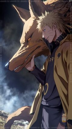 an anime character is holding a large animal's head in front of his face