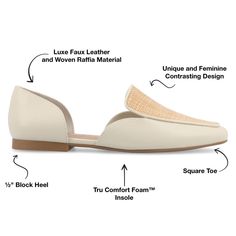 The Kennza loafer flat from Journee Collection features a modest 1/2-inch block heel, providing subtle elevation and comfort. The slip-on design and square toe style add convenience and a contemporary flair. Man-made upper material and 4 mm Tru Comfort Foam™ footbed prioritize both durability and comfort for a stylish and easy-to-wear option. Synthetic Flats For Office In Summer, Synthetic Flats For Summer Office Wear, Modern Slip-on Synthetic Flats, Medium Width Synthetic Flat Loafers, Medium Width Flat Synthetic Loafers, Beige Flats With Medium Width And Low Heel, Modern Slip-on Flats Medium Width, Beige Synthetic Flat Heel Loafers, Chic Synthetic Slip-on Flats